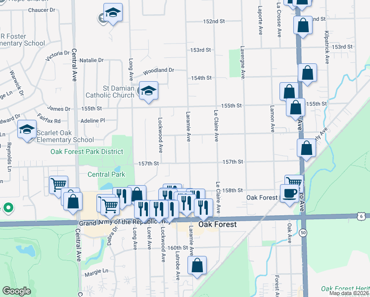 map of restaurants, bars, coffee shops, grocery stores, and more near 5224 157th Street in Oak Forest
