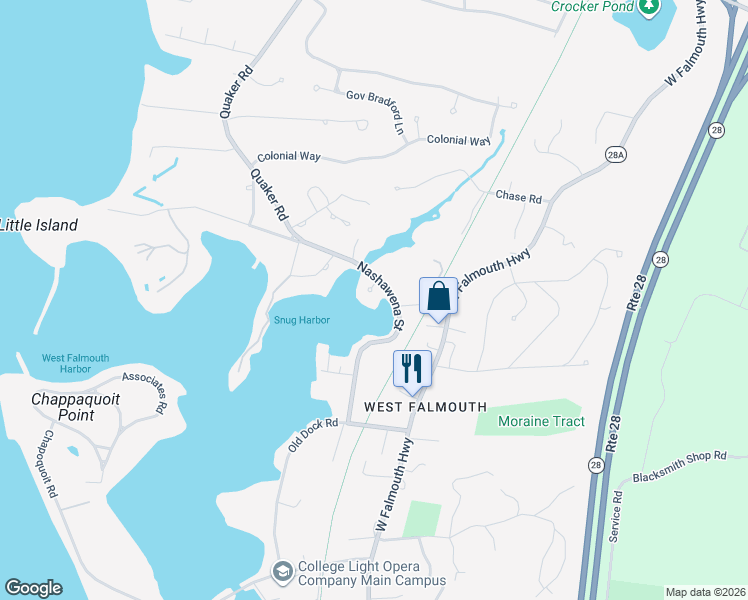 map of restaurants, bars, coffee shops, grocery stores, and more near 42 Nashawena Street in Falmouth