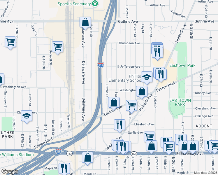 map of restaurants, bars, coffee shops, grocery stores, and more near 1517 East 22nd Street in Des Moines