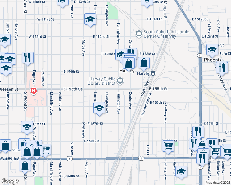 map of restaurants, bars, coffee shops, grocery stores, and more near 136 East 155th Street in Harvey