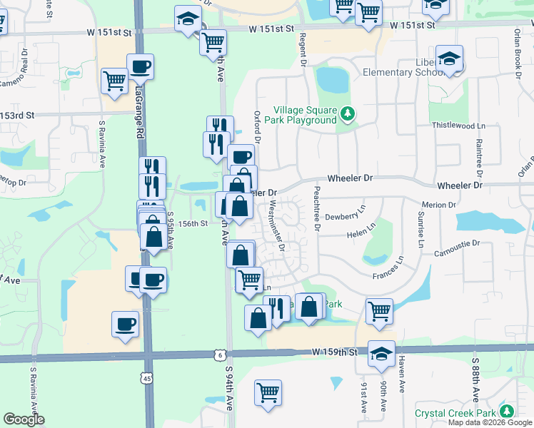 map of restaurants, bars, coffee shops, grocery stores, and more near 15530 Whitehall Lane in Orland Park