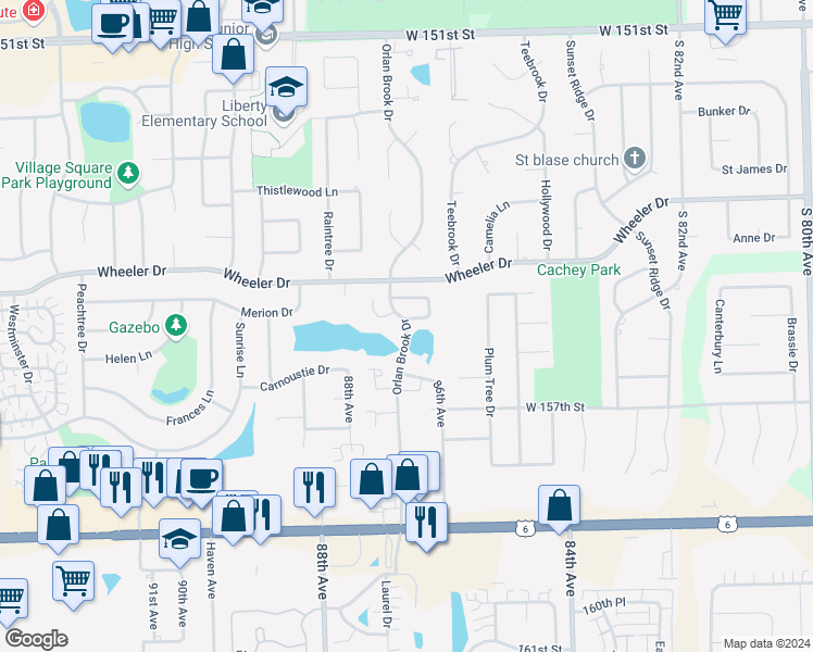 map of restaurants, bars, coffee shops, grocery stores, and more near 197 Orlan Brook Drive in Orland Park