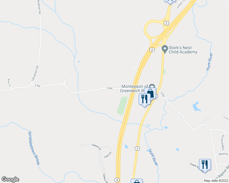 map of restaurants, bars, coffee shops, grocery stores, and more near 576 South Road in East Greenwich