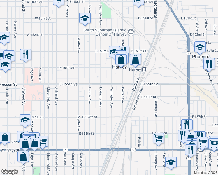 map of restaurants, bars, coffee shops, grocery stores, and more near 15530 Turlington Avenue in Harvey