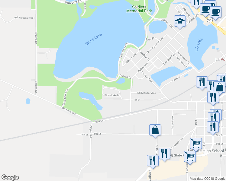 map of restaurants, bars, coffee shops, grocery stores, and more near 1630 Stone Lake Drive in La Porte