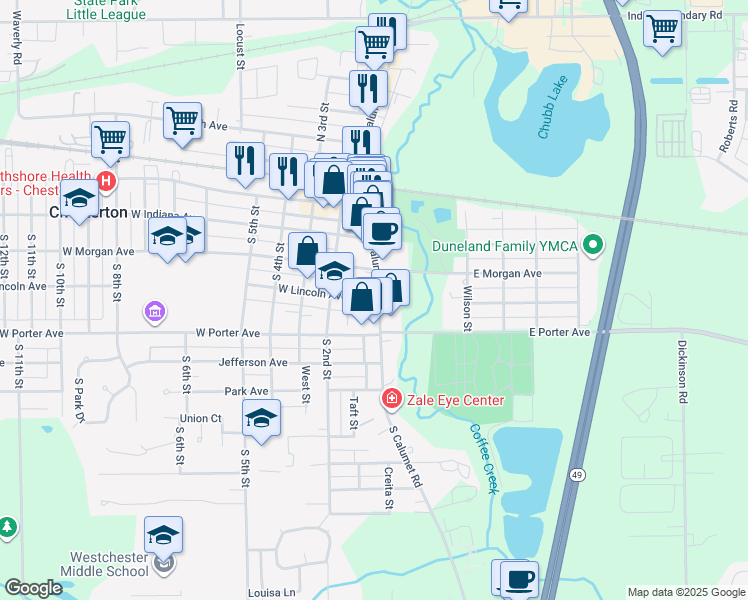 map of restaurants, bars, coffee shops, grocery stores, and more near 111 West Lincoln Avenue in Chesterton