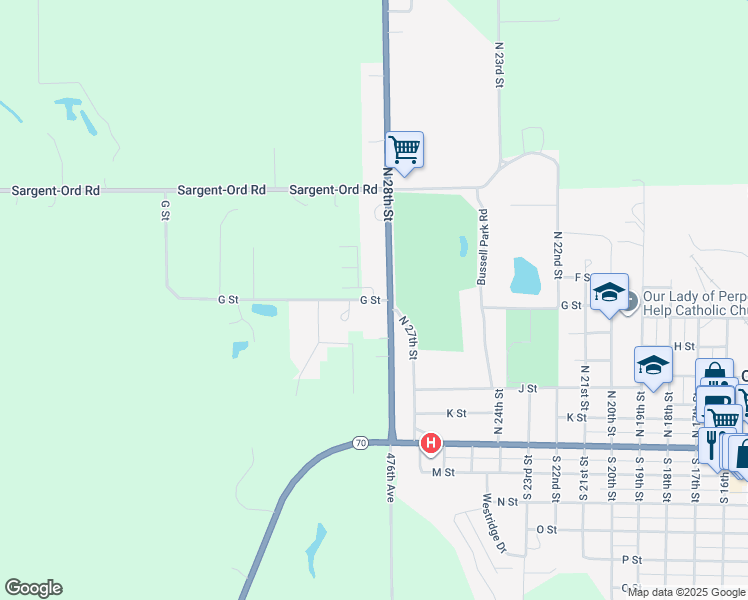 map of restaurants, bars, coffee shops, grocery stores, and more near 100 North 29th Street in Ord