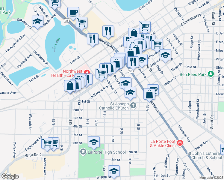 map of restaurants, bars, coffee shops, grocery stores, and more near 1108 Jefferson Avenue in La Porte