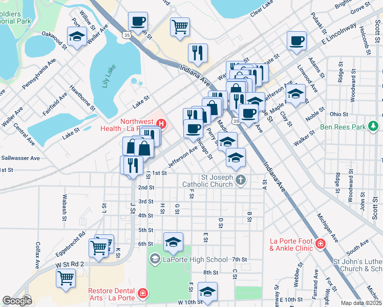 map of restaurants, bars, coffee shops, grocery stores, and more near 700-798 Tyler St in La Porte