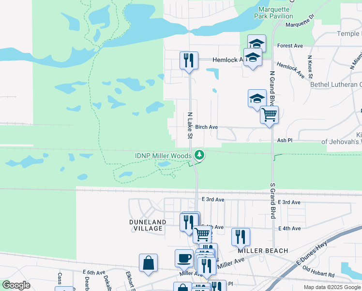 map of restaurants, bars, coffee shops, grocery stores, and more near 5724 Ash Ave in Gary