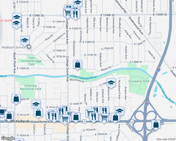 map of restaurants, bars, coffee shops, grocery stores, and more near 15739 Ingleside Avenue in Dolton