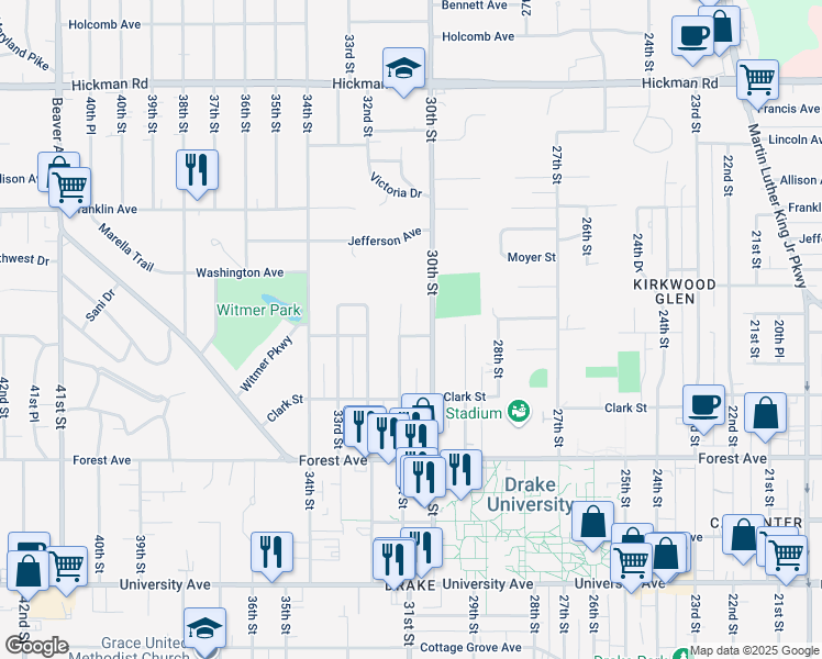 map of restaurants, bars, coffee shops, grocery stores, and more near 1616 31st Street in Des Moines