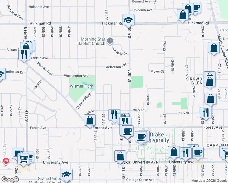map of restaurants, bars, coffee shops, grocery stores, and more near 1616 31st Street in Des Moines