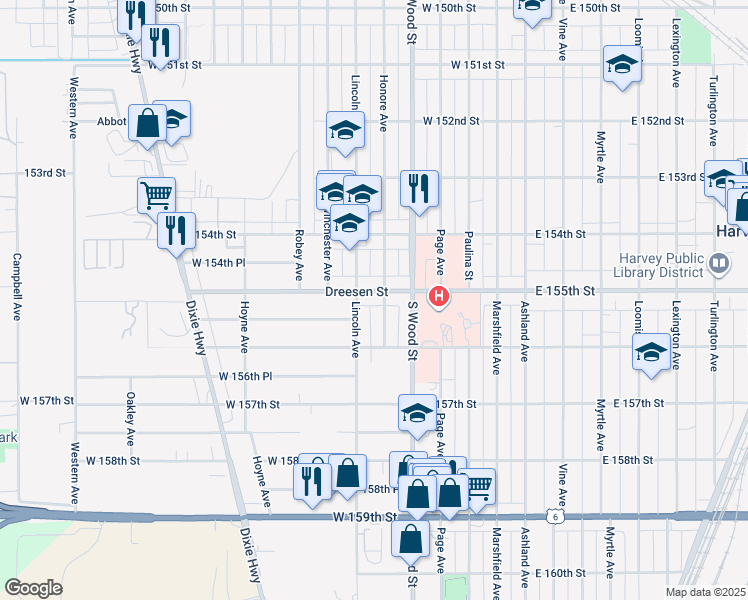 map of restaurants, bars, coffee shops, grocery stores, and more near 110 West 155th Street in Harvey