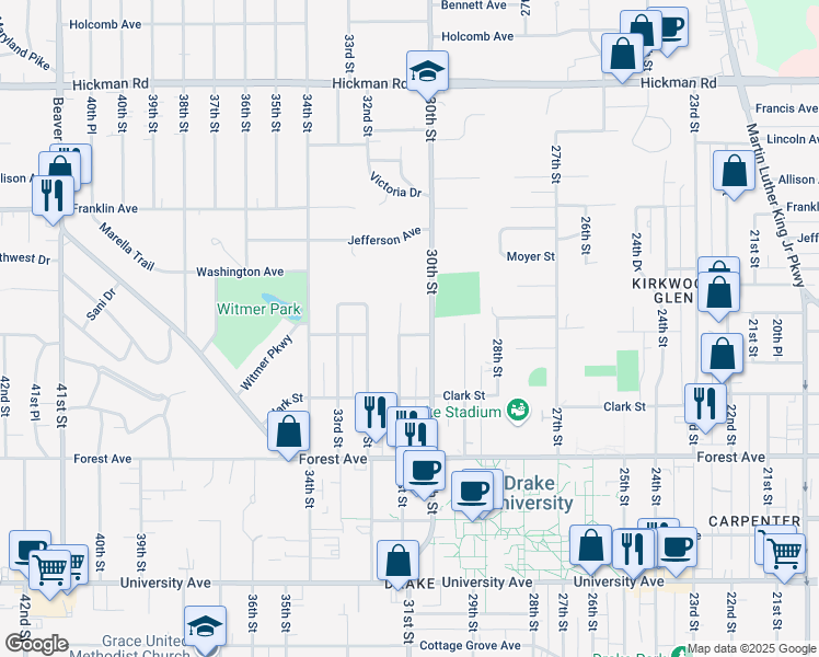 map of restaurants, bars, coffee shops, grocery stores, and more near 1616 31st Street in Des Moines