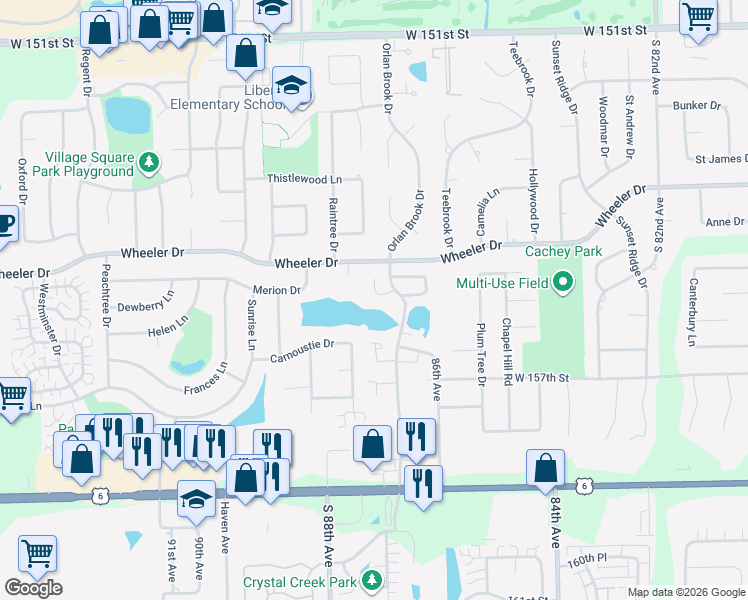 map of restaurants, bars, coffee shops, grocery stores, and more near 15730 Orlan Brook Drive in Orland Park