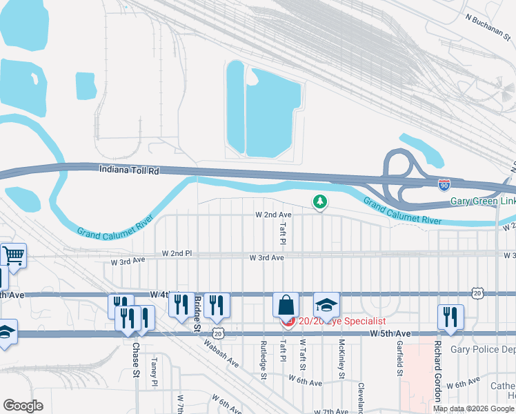 map of restaurants, bars, coffee shops, grocery stores, and more near 105 Rutledge Street in Gary