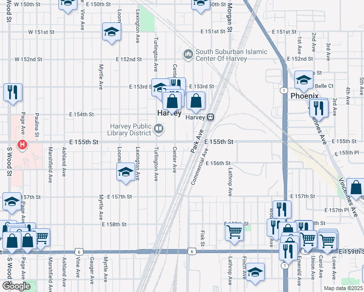 map of restaurants, bars, coffee shops, grocery stores, and more near 178 East 155th Street in Harvey