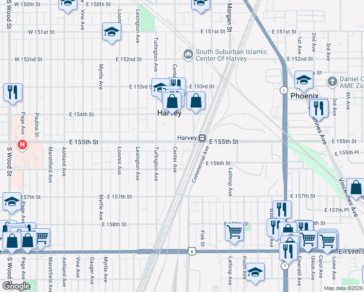 map of restaurants, bars, coffee shops, grocery stores, and more near 178 East 155th Street in Harvey