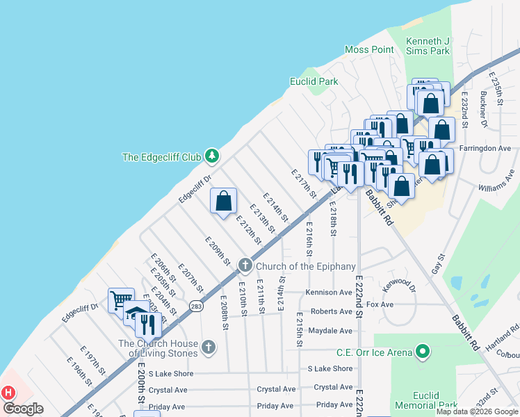 map of restaurants, bars, coffee shops, grocery stores, and more near 131 East 213th Street in Euclid