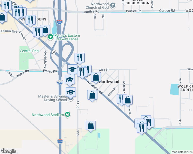 map of restaurants, bars, coffee shops, grocery stores, and more near 206 George Street in Northwood