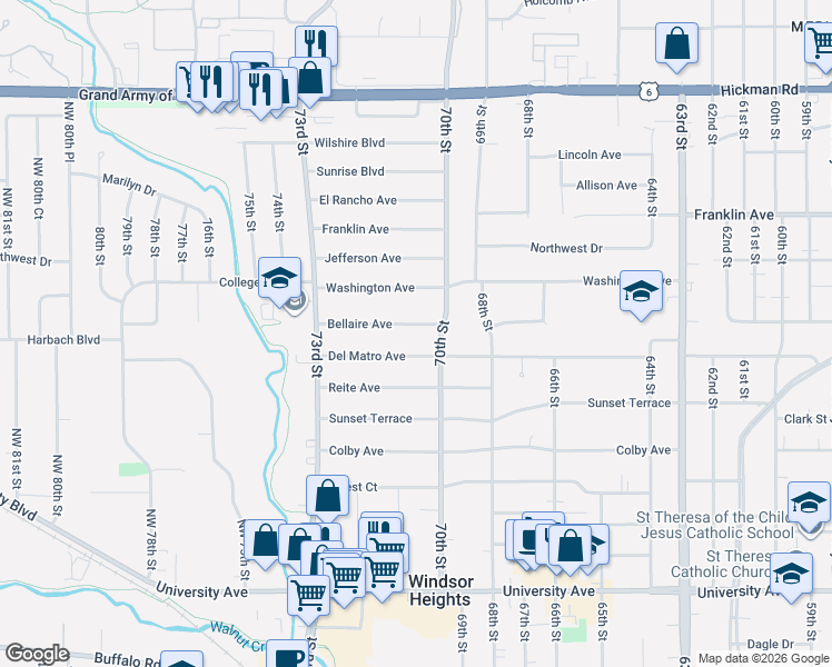 map of restaurants, bars, coffee shops, grocery stores, and more near 7015 Bellaire Avenue in Windsor Heights