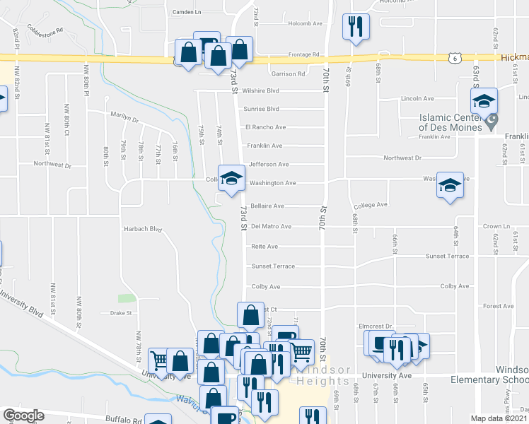map of restaurants, bars, coffee shops, grocery stores, and more near 7204 Bellaire Avenue in Windsor Heights