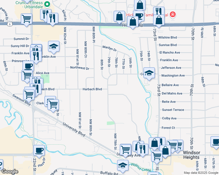 map of restaurants, bars, coffee shops, grocery stores, and more near 1704 Luin Lane in Windsor Heights