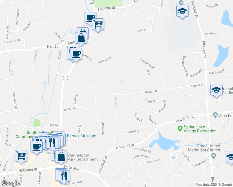 map of restaurants, bars, coffee shops, grocery stores, and more near 1 Dawn Lane in Southington