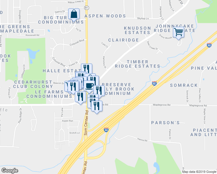 map of restaurants, bars, coffee shops, grocery stores, and more near 38 Gullybrook Lane in Willoughby