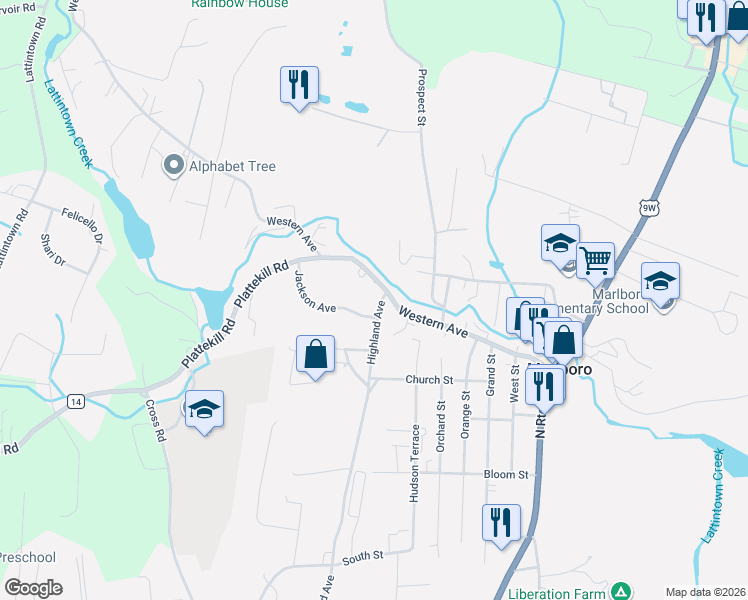 map of restaurants, bars, coffee shops, grocery stores, and more near 85 Western Avenue in Marlboro