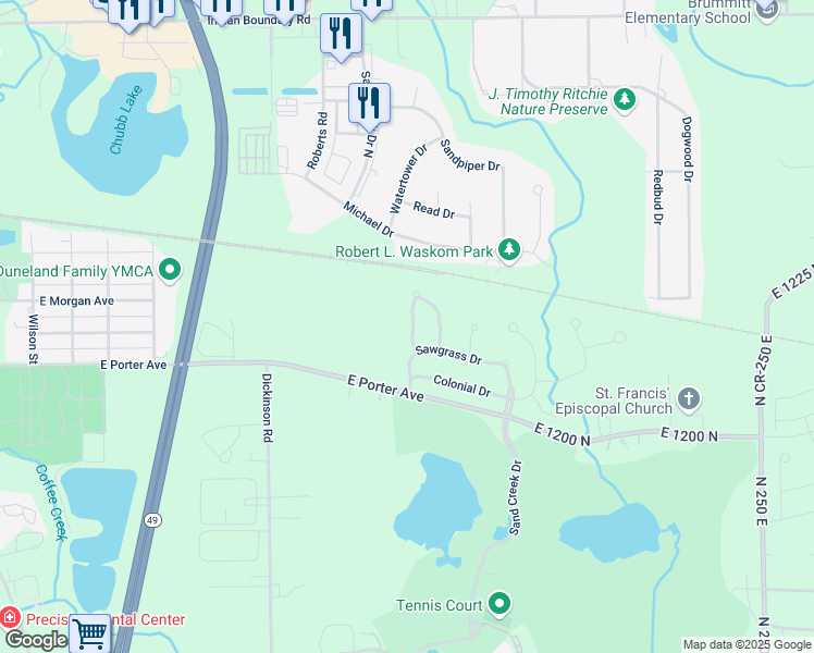 map of restaurants, bars, coffee shops, grocery stores, and more near 388 Cherry Hills Drive in Chesterton
