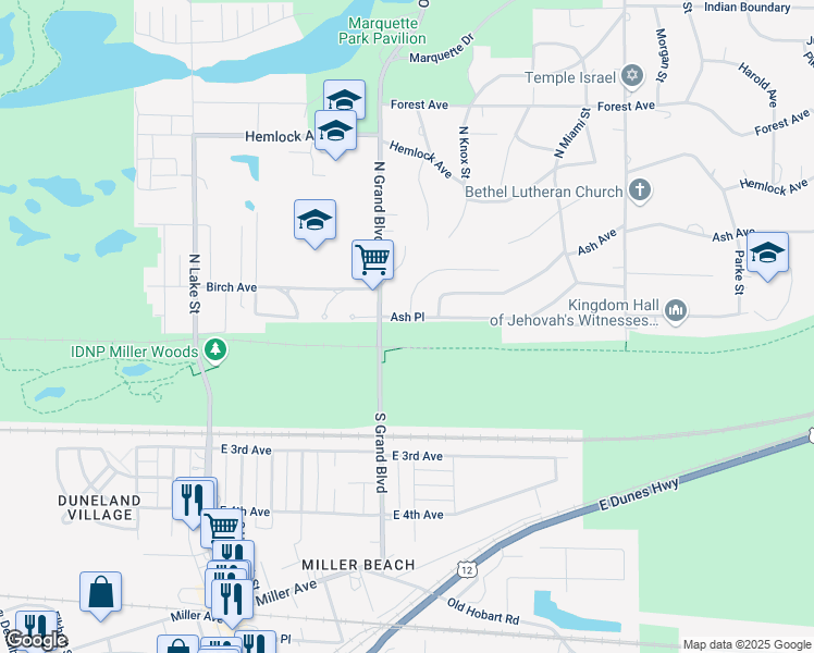 map of restaurants, bars, coffee shops, grocery stores, and more near 6515 Birch Pl in Gary