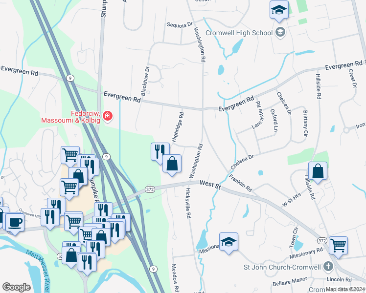 map of restaurants, bars, coffee shops, grocery stores, and more near 40 Windwood Drive in Cromwell