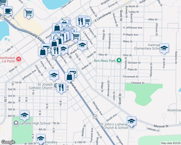 map of restaurants, bars, coffee shops, grocery stores, and more near 1200-1298 Jackson St in La Porte