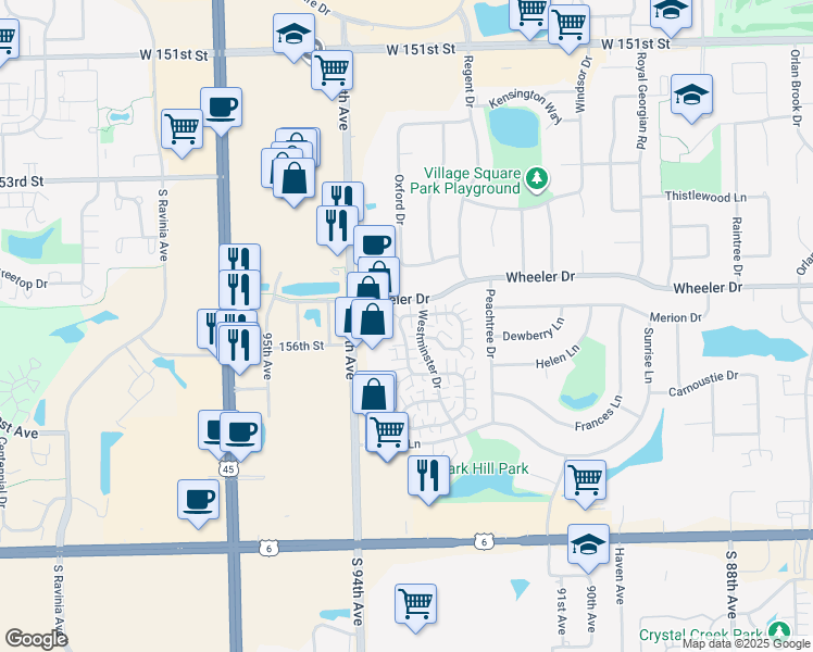 map of restaurants, bars, coffee shops, grocery stores, and more near 9308 Wherry Lane in Orland Park
