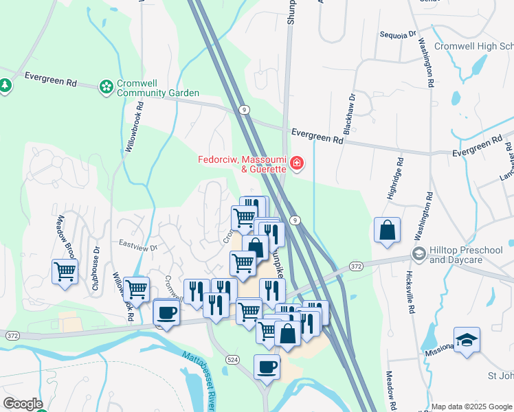 map of restaurants, bars, coffee shops, grocery stores, and more near 1000 Cromwell Hills Drive in Cromwell