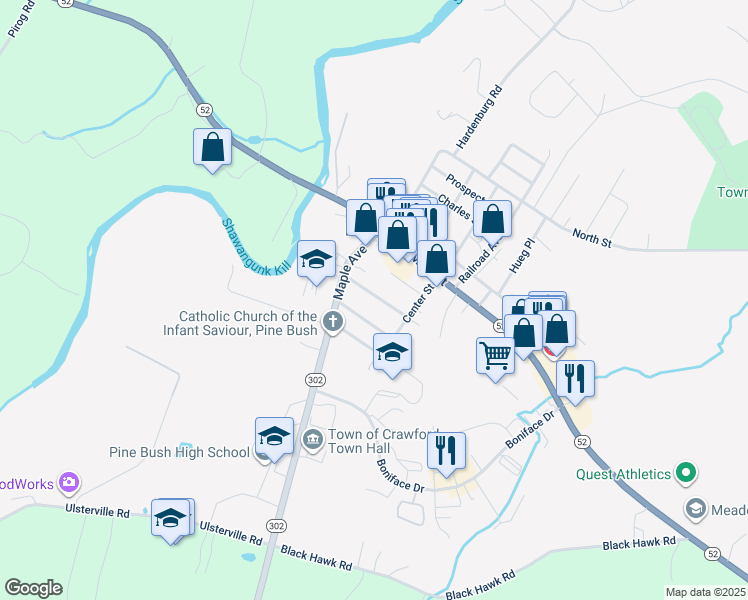 map of restaurants, bars, coffee shops, grocery stores, and more near 19 Borden Avenue in Pine Bush