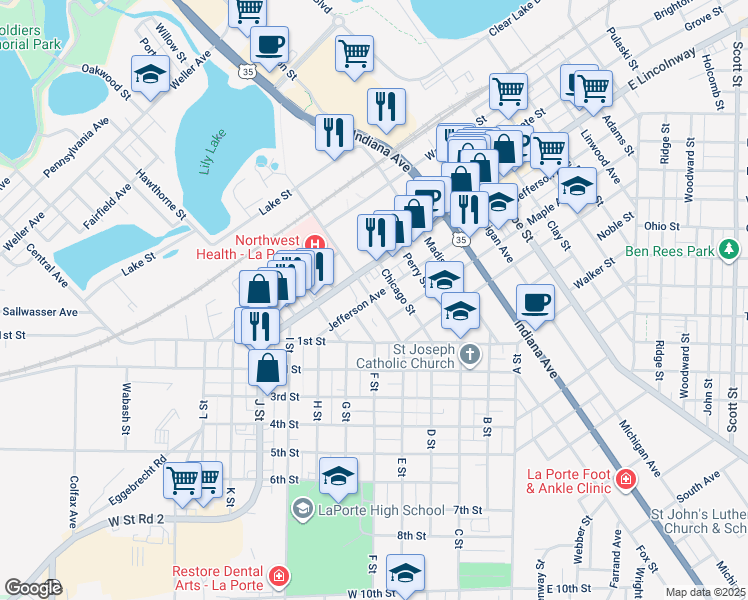 map of restaurants, bars, coffee shops, grocery stores, and more near 700-798 Tyler St in La Porte
