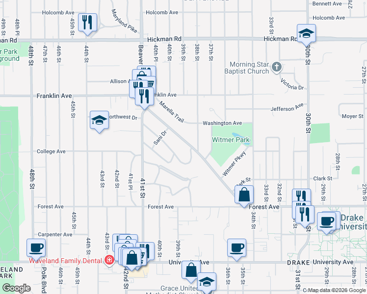 map of restaurants, bars, coffee shops, grocery stores, and more near 1627 Beaver Avenue in Des Moines