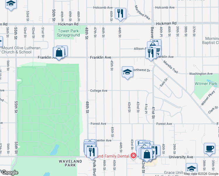 map of restaurants, bars, coffee shops, grocery stores, and more near 1620 45th Street in Des Moines