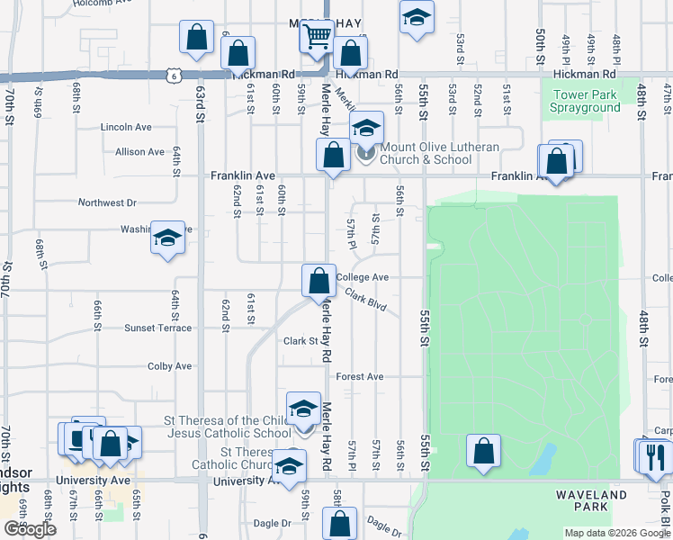 map of restaurants, bars, coffee shops, grocery stores, and more near 1621 Merle Hay Road in Des Moines