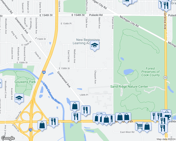 map of restaurants, bars, coffee shops, grocery stores, and more near 1773 East 158th Street in South Holland