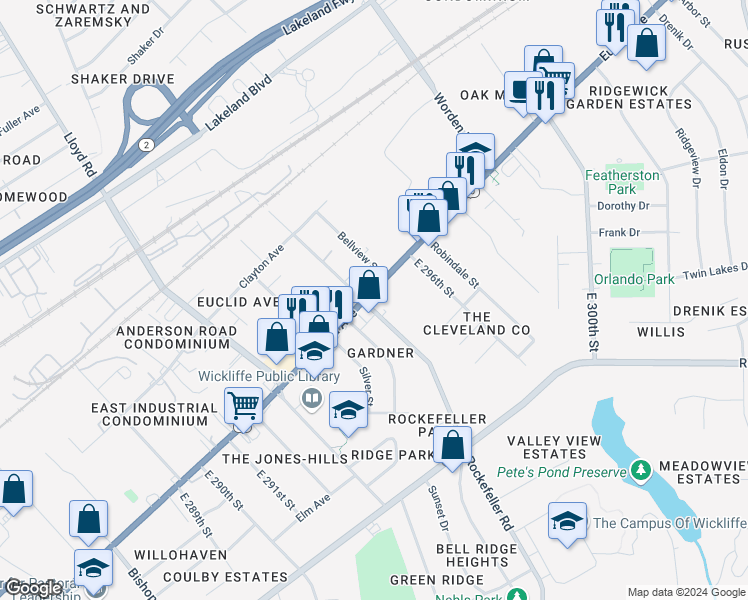 map of restaurants, bars, coffee shops, grocery stores, and more near 29444 Euclid Avenue in Wickliffe