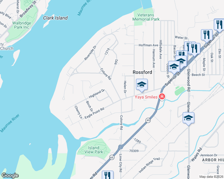 map of restaurants, bars, coffee shops, grocery stores, and more near 353 Colony Road in Rossford