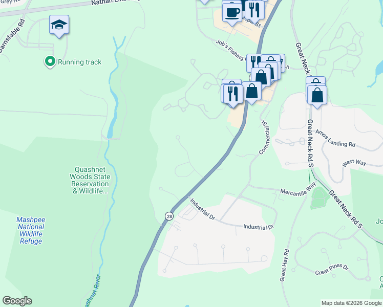 map of restaurants, bars, coffee shops, grocery stores, and more near 25 Quashnet Woods Drive in Mashpee