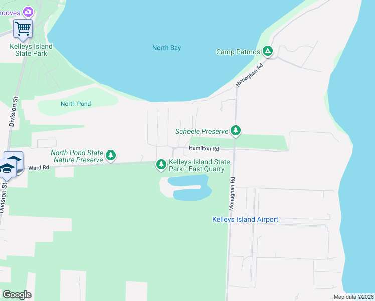 map of restaurants, bars, coffee shops, grocery stores, and more near 106 Johanna Lane in Kelleys Island