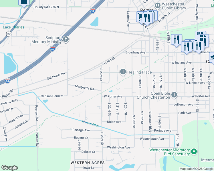 map of restaurants, bars, coffee shops, grocery stores, and more near 312 South 22nd Street in Chesterton