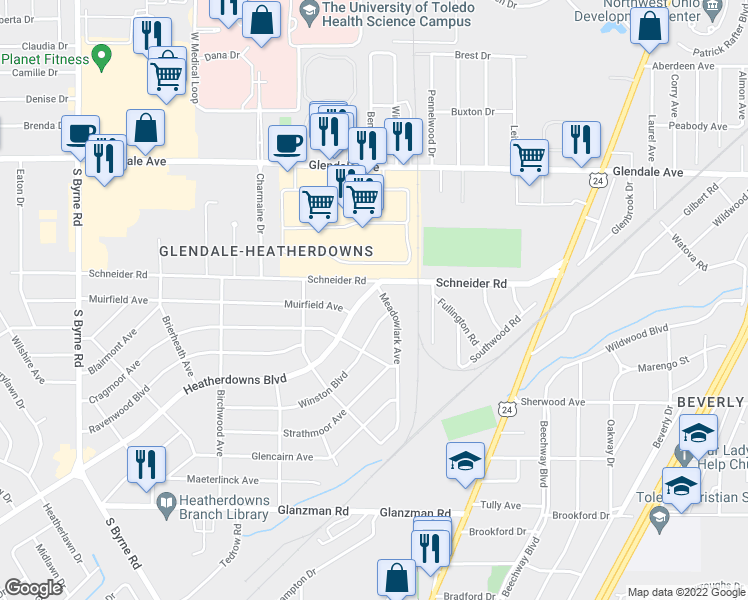 map of restaurants, bars, coffee shops, grocery stores, and more near 1703 Heatherdowns Boulevard in Toledo