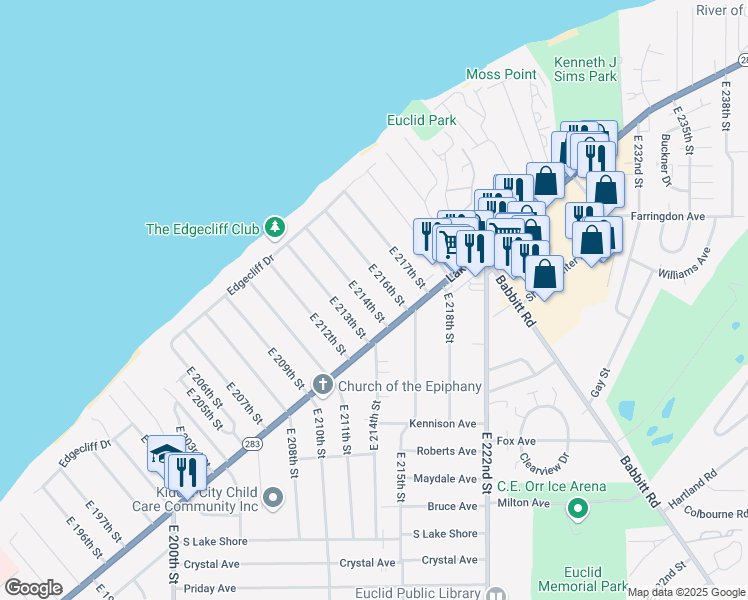 map of restaurants, bars, coffee shops, grocery stores, and more near 155 East 214th Street in Euclid